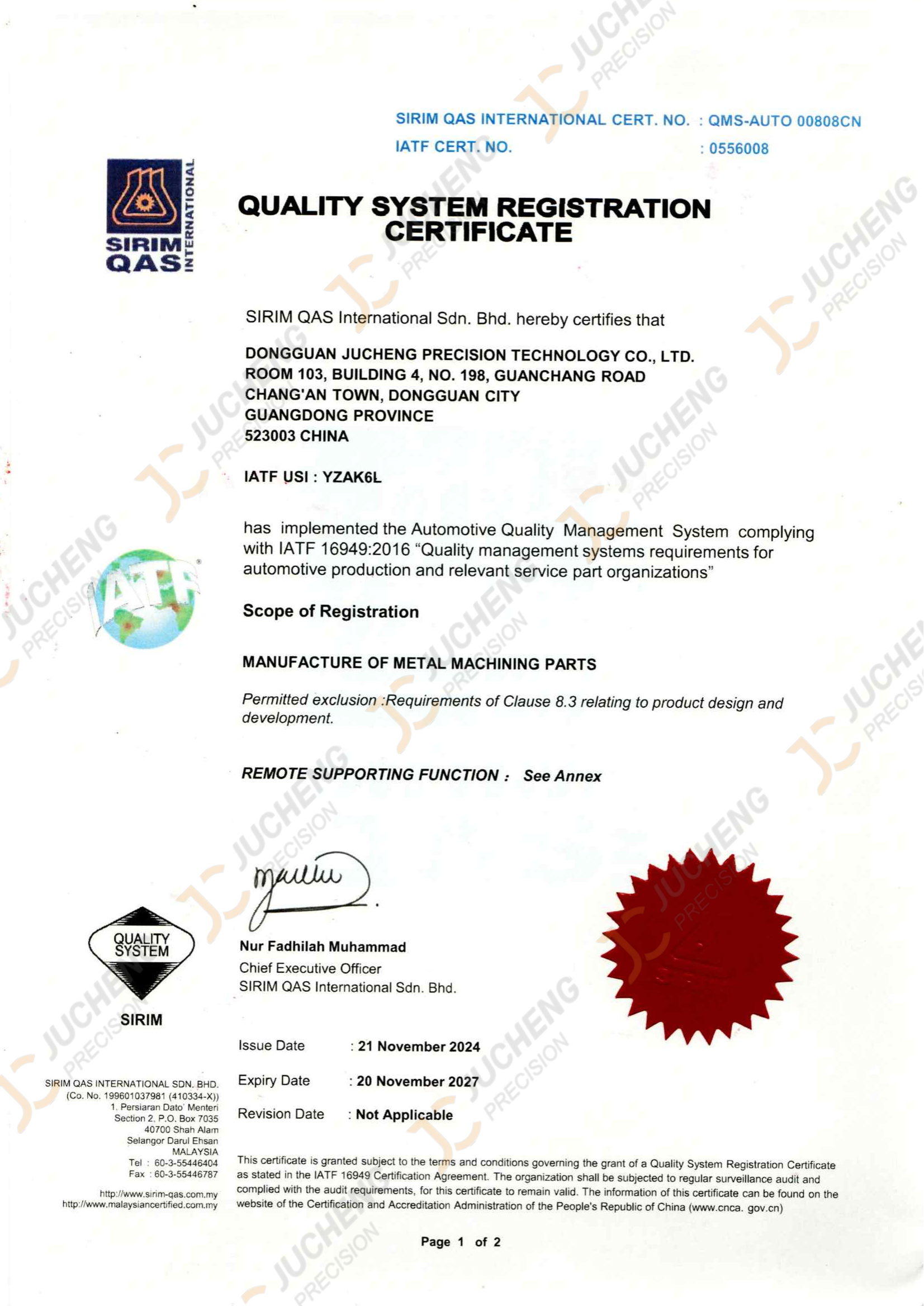 IATF 16949 Certification, JC PRECISION
