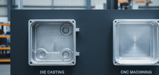Side-by-side comparison of a net-shape die-cast aluminum enclosure versus a fully CNC machined enclosure Side-by-side comparison of a net-shape die-cast aluminum enclosure versus a fully CNC machined enclosure
