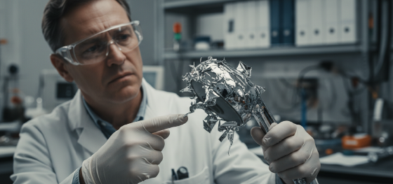 Quality inspector examining a ruined plastic showerhead with violently peeling metallic chrome coatings Quality inspector examining a ruined plastic showerhead with violently peeling metallic chrome coatings