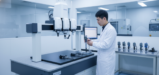 Senior inspector calibrating digital micrometers inside Jucheng's temperature-controlled quality assurance lab in Shenzhen