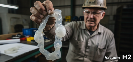 Quality inspector examining a ruined sticky silicone part filled with massive air bubbles