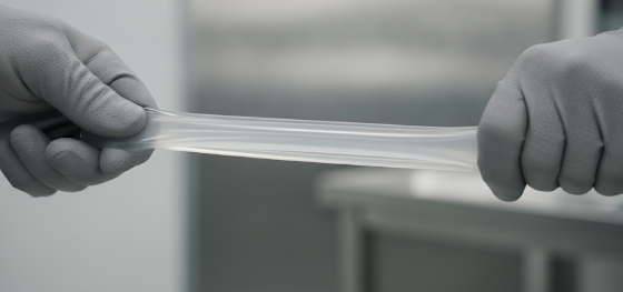 Gloved hand aggressively stretching a transparent silicone seal testing ultimate tear resistance