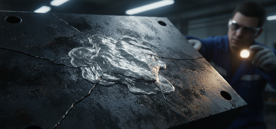 Ruined steel cavity showing molten aluminum physically soldered onto the surface causing catastrophic failure