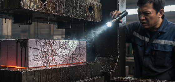 Quality inspector shining a flashlight onto a shattered steel cavity ruined by thermal cracking