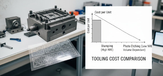 Cost analysis board comparing an expensive heavy stamping die against extremely cheap optical phototooling films