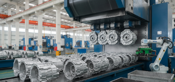 High-volume mass production of identical aluminum automotive gearbox housings using a cold-chamber die casting press High-volume mass production of identical aluminum automotive gearbox housings using a cold-chamber die casting press