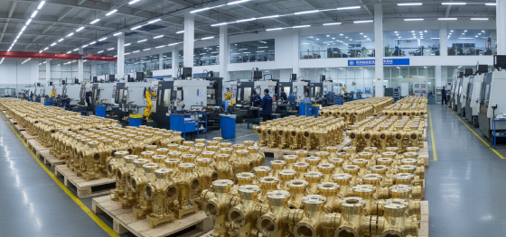 Rows of automated CNC turning centers producing massive pallets of heavy brass fluid manifolds