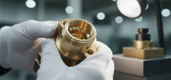 Senior quality inspector examining a highly polished brass pneumatic valve block with flawless internal threads