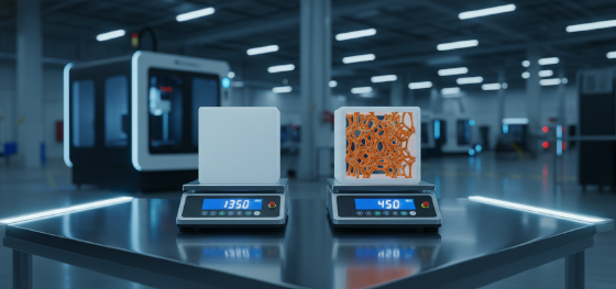 Digital scale comparing a heavy solid plastic cube against a lightweight honeycomb structure