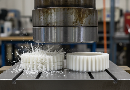 Hydraulic press crushing a shattered printed gear next to a perfectly intact CNC milled solid plastic gear.png