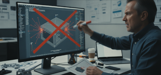 Product manager aggressively crossing out a failed 3D CAD stress simulation report