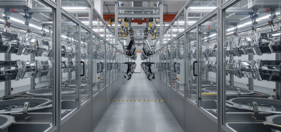 Fully enclosed automated electroplating line transporting gleaming automotive trims using precision robotic cranes Fully enclosed automated electroplating line transporting gleaming automotive trims using precision robotic cranes