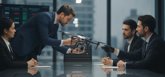 Hardware founder handing a flawless functional machined drone prototype to wealthy investors