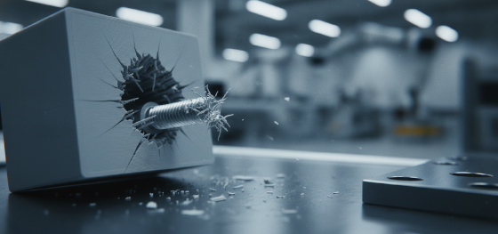 Broken steel screw violently ripped out of a weak printed plastic prototype hole