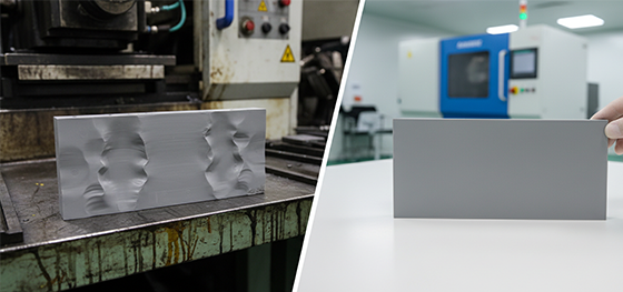 Comparison of severe sink marks from an aging hydraulic press versus a flawless surface from a modern electric machine