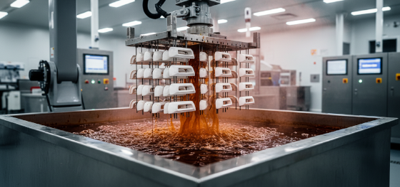 Robotic hoist lowering white plastic emblems into boiling chromic acid to etch microscopic pores Robotic hoist lowering white plastic emblems into boiling chromic acid to etch microscopic pores