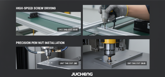 Cost analysis board comparing high-speed pneumatic screw driving times against expensive CNC hole prep for PEM nuts Cost analysis board comparing high-speed pneumatic screw driving times against expensive CNC hole prep for PEM nuts