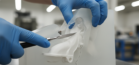 Senior toolmaker using a surgical scalpel to cut a complex 3D parting line into a translucent silicone block