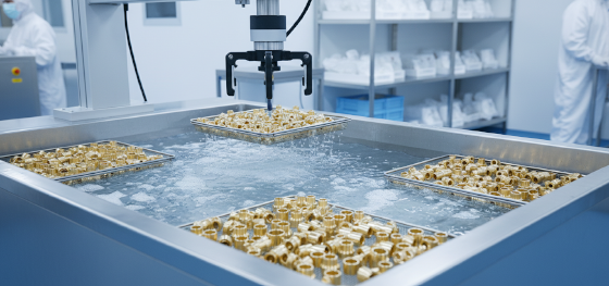 Lead-free brass surgical fittings soaking inside a specialized ultrasonic cleaning bath for medical compliance