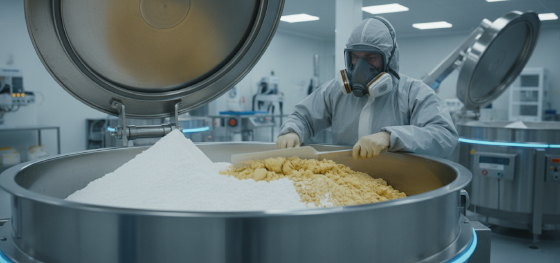 Technician mixing highly expensive virgin nylon powder with oxidized yellow recycled powder