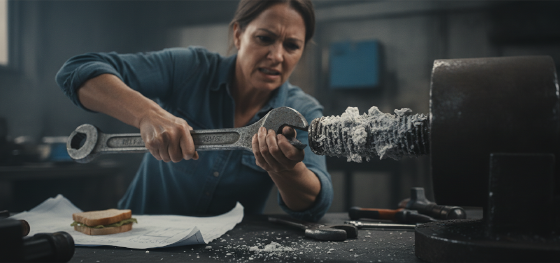Inspector struggling to twist a steel bolt into a seized chemically coated metal thread Inspector struggling to twist a steel bolt into a seized chemically coated metal thread