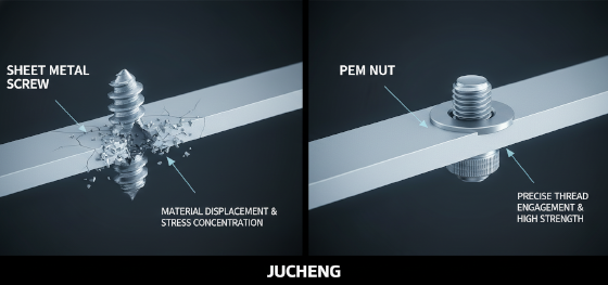 Microscopic mechanical engagement comparison of coarse self-tapping threads versus fine machine threads inside a PEM nut Microscopic mechanical engagement comparison of coarse self-tapping threads versus fine machine threads inside a PEM nut