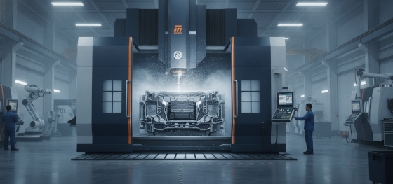 Heavy CNC milling center actively carving a five ton solid steel block under heavy coolant