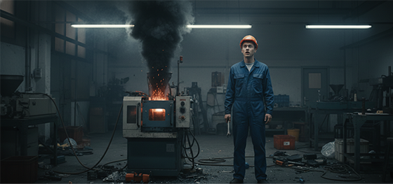 Confused operator dealing with a smoking injection molding barrel due to poor in-house machine calibration