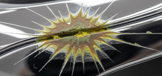 Printed plastic part exhibiting toxic yellow acid bleed out destroying the surrounding chrome finish Printed plastic part exhibiting toxic yellow acid bleed out destroying the surrounding chrome finish