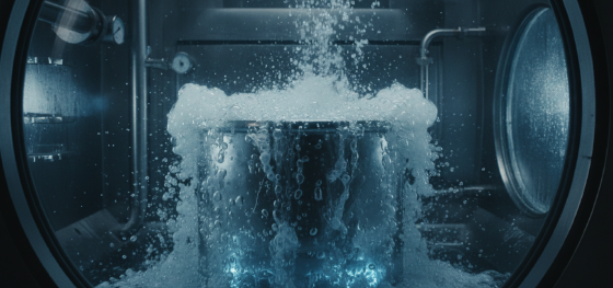 Heavy industrial vacuum chamber actively pulling microscopic air bubbles out of liquid silicone