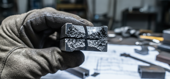 Quality inspector holding a cracked metal joint ruined by severe internal porosity Quality inspector holding a cracked metal joint ruined by severe internal porosity