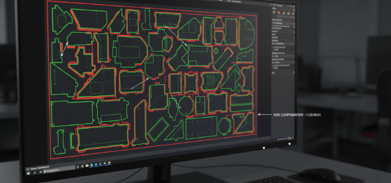 Engineering CAD software computing exact mathematical offsets to neutralize cutting beam kerf widths