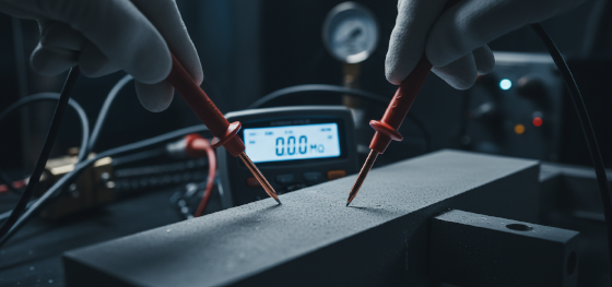 Electrical multimeter pressing probes against a thick oxide coating displaying absolute zero conductivity Electrical multimeter pressing probes against a thick oxide coating displaying absolute zero conductivity