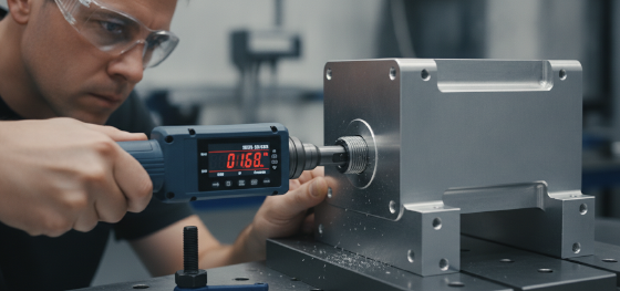 Technician using a digital torque wrench measuring extreme kinetic stress limits on a chassis Technician using a digital torque wrench measuring extreme kinetic stress limits on a chassis
