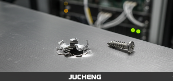 Catastrophic thread strip-out failure and metal tearing on a frequently accessed aluminum server chassis panel Catastrophic thread strip-out failure and metal tearing on a frequently accessed aluminum server chassis panel