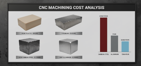Cost analysis board comparing raw billet prices against CNC machine hourly rates for various alloys