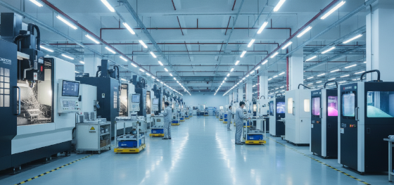 High speed CNC machines and automated powder bed printers operating synchronously inside a factory