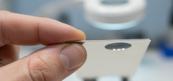 Senior engineer feeling the completely burr-free edge of a stainless steel EMI shield produced via chemical etching