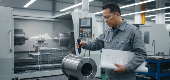 Senior metallurgical engineer testing steel surface hardness next to a CNC lathe machine_ Senior metallurgical engineer testing steel surface hardness next to a CNC lathe machine_