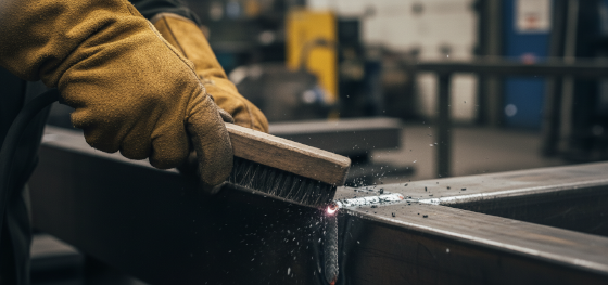 Gloved hand scraping brittle protective slag off a freshly fused metal joint Gloved hand scraping brittle protective slag off a freshly fused metal joint