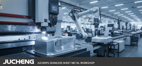 High-precision CNC press brake forming complex aluminum enclosures alongside automated fastener insertion robots at Jucheng Shenzhen High-precision CNC press brake forming complex aluminum enclosures alongside automated fastener insertion robots at Jucheng Shenzhen