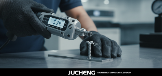Quality engineer utilizing a precision torque wrench to determine the ultimate torque-out failure point of a threaded fastener Quality engineer utilizing a precision torque wrench to determine the ultimate torque-out failure point of a threaded fastener