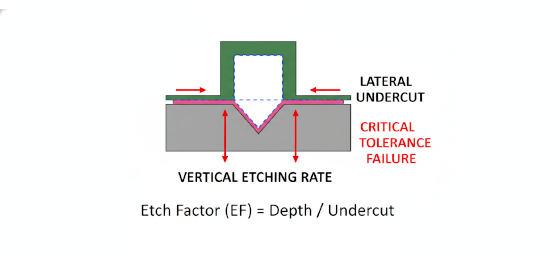 Cross-sectional diagram explaining how acid laterally hollows out metal beneath a photoresist mask to create undercuts