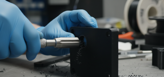 Technician using a steel hand reamer to manually shave an oval plastic hole perfectly round