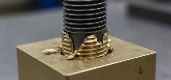 Heavy steel bolt seized inside a cheap brass threaded hole demonstrating severe galling and sheared threads