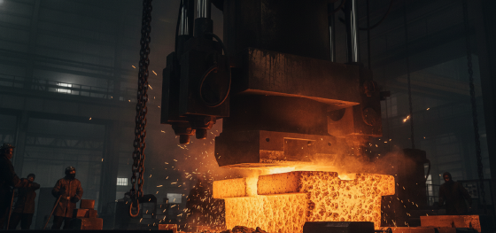 Hydraulic forging of glowing H13 tool steel ingot used for manufacturing high-pressure industrial dies Hydraulic forging of glowing H13 tool steel ingot used for manufacturing high-pressure industrial dies