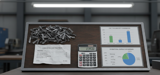 CNC machining cost analysis board comparing tool wear inserts and carburizing heat treatment bills for carbon steel_ CNC machining cost analysis board comparing tool wear inserts and carburizing heat treatment bills for carbon steel_