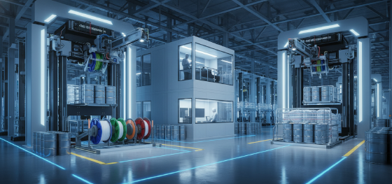Robotic lifters loading massive spools of filament inside a pristine high-volume manufacturing center