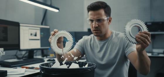 Engineer discarding a shattered plastic print while holding a durable machined testing component Engineer discarding a shattered plastic print while holding a durable machined testing component