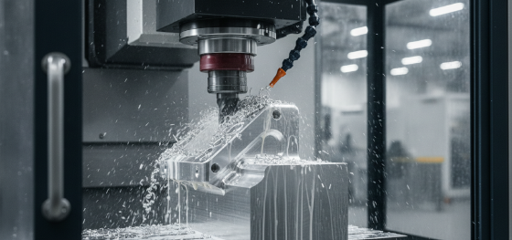 High speed CNC spindle carving a structural aerospace bracket from solid aluminum billet